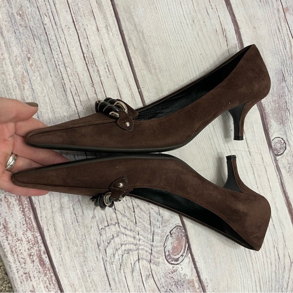 Prada Vintage Suede Chain Front Kitten Heel Brown Size 41 = US 11 - Picture 5 of 8